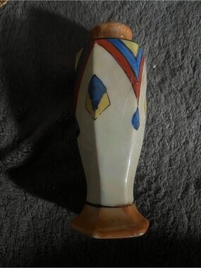 Hand-Painted Ceramic Vintage Vase in Cream with Blue, Red, and Yellow Accents.